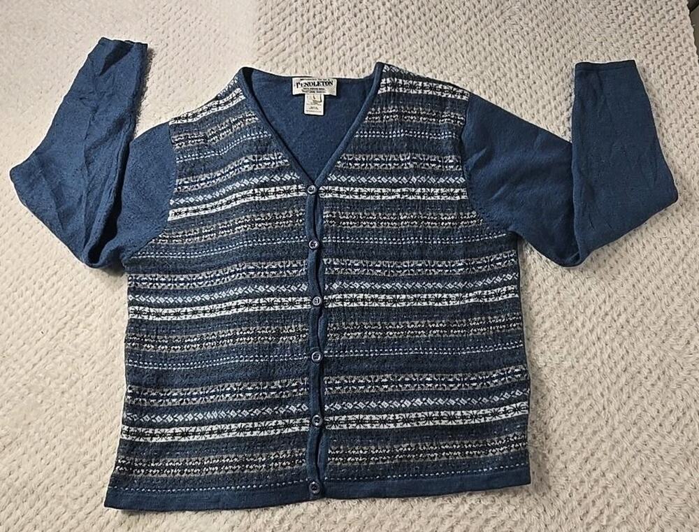 Vintage Pendleton 100% Merino Wool Fair Isle Cardigan Sweater Women L Nordic